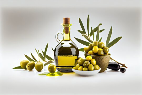 Bottle olive oil and green olives with leaves on white background, generative Ai