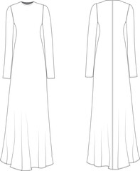 long sleeve lon maxi modest round crew neck dress technical drawing flat sketch fashion woman