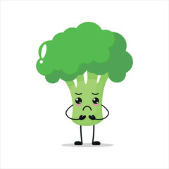 Cute gloomy broccoli character. Funny sad broccoli cartoon emoticon in flat style. vegetable emoji vector illustration