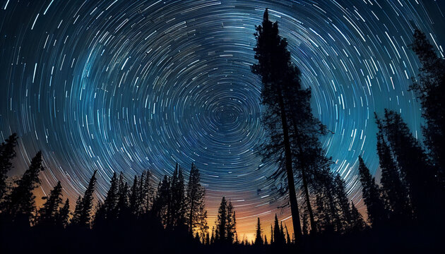 Stunning star trails motion time-lapse night sky with forest silhouette landscape background Ai generated image