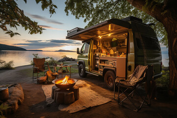 Futurisitsches Wohnmobil an einem au&szlig;erordentlichen Stellplatz mit Blick auf das Wasser, 2, Ai generiert