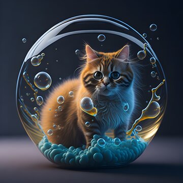 Fluffy cat in full round of liquid bubbles. AI generative 