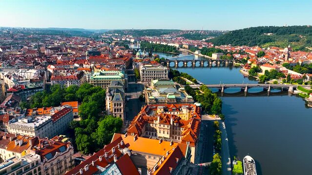 Aerial view of Prague, a capital city of the Czech Republic, is bisected by the Vltava River, Europe