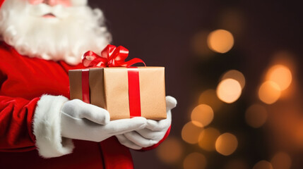 Santa claus holding gift box on blur background. Christmas theme. Generative ai.
