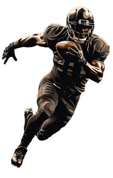 An American football player runs and holds the ball in one hand. Watercolor paint. Transparent isolated background
