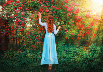 Art Fantasy young woman in vintage old style clothing white blouse, blue skirt back rear view, girl long curly red hair hand touching pink rose flowers green leaves garden green tree, summer nature.