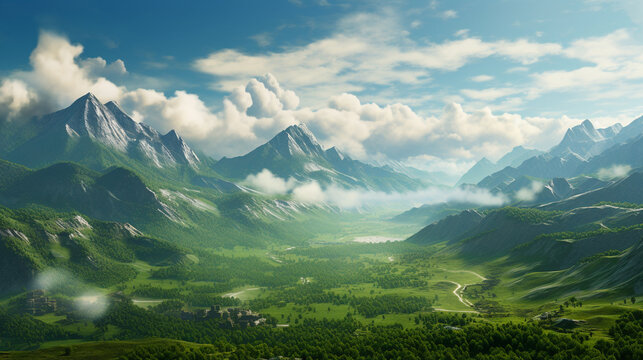 Green mountains with clouds