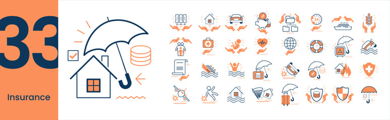 Concept icons set. Collection of different Insurance scenes and situations. Insurance; car insurance, accident, health insurance, life insurance