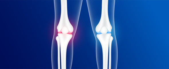 Bone healthy and osteoarthritis or degenerative joint disease. Arthritis knee joint pain within a leg. Cartilage becomes worn. This results in inflammation swelling. Human bone anatomy. Vector EPS10. - obrazy, fototapety, plakaty
