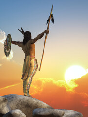In the Wild West, a Native American warrior challenges the sun itself. Standing on a pile of boulders, the American Indian man raises his shield and spear and faces off against the dawn. 3D rendering
