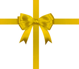 Gift yellow ribbon and bow isolated on white background.