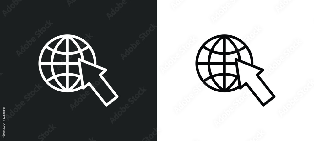 Poster globe with pointer icon isolated in white and black colors. globe with pointer outline vector icon f