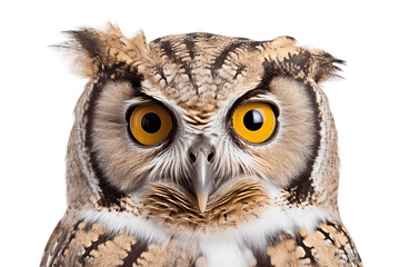 Speckled Owl Face Close-Up Isolated on Transparent Background. Generative AI