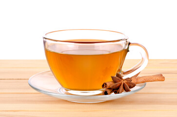 Glass cup of green tea with cinnamon sticks on wooden table background.