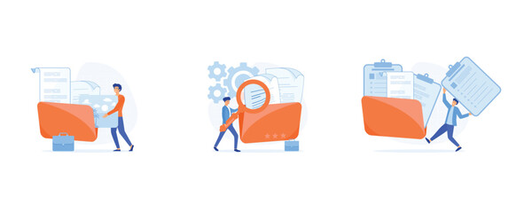 storage and indexing of information concept, Workers searching file, adds file to big folder,  set flat vector modern illustration