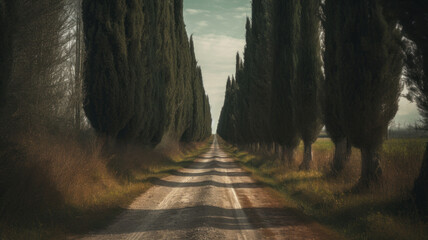 Road among cypress trees, Tuscany, Italy  Generative AI
