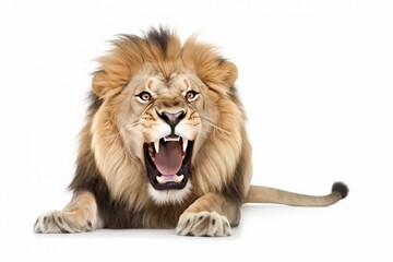 Angry lion with open mouth on a white background.