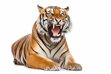 Fototapeta na wymiar Portrait of an angry aggressive tiger on a white background.
