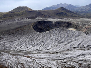 Aso volcano, photo from the hiking path to nakadake, Kumamoto, Kyushu, Japan. Volcanic crater and...
