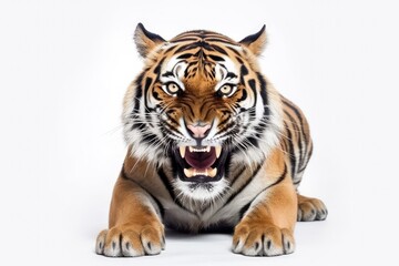 Fototapeta na wymiar Roaring rocks of an angry tiger on a white background.
