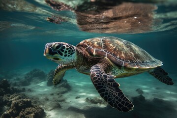 Fototapeta premium A turtle swims underwater on a coral reef.