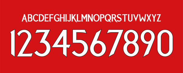 font vector team 2023 - 2024 kit sport style font. manchester football style font. premier league. red devils soccer. sports style letters and numbers for soccer team