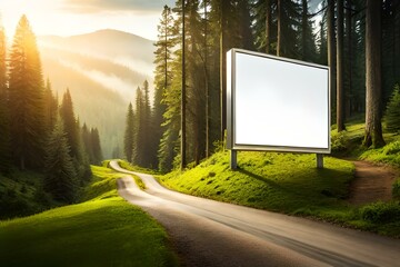Blank white advertising billboard sign in a green forest