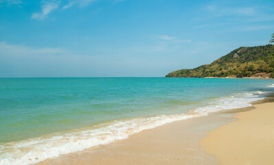 Beautiful Landscape summer panorama front view wide mountain tropical sea beach white sand clean and blue sky background calm Nature ocean wave water travel at Sai Kaew Beach thailand Chonburi