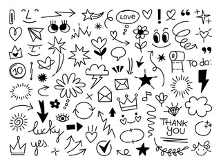 Doodle cute glitter pen line elements. Doodle heart, arrow, star, sparkle decoration symbol set icon. Simple sketch line style emphasis, attention, pattern elements. Vector illustration