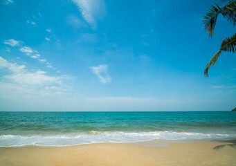 Beautiful Landscape summer panorama front view wide mountain tropical sea beach white sand clean and blue sky background calm Nature ocean wave water travel at Sai Kaew Beach thailand Chonburi