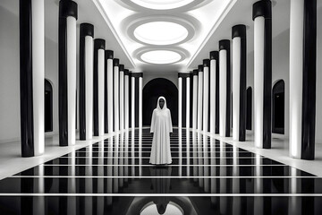 Ethereal Futuristic Priestess in a Monochromatic Temple - generative ai