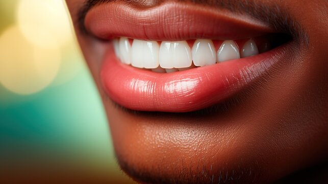 Male mouth with white teeth close-up. African American man smiling. Healthy teeth and fresh breath. Oral health concept. AI generation