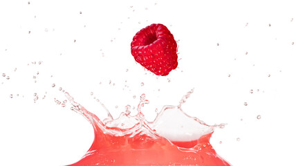 Ripe raspberry falling into pink liquid juice splash isolated on white background. Real shot.