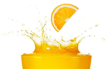 Orange slice falling into splashing freshly made squeezed juice isolated on white background. Real...