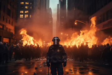 Policeman against the backdrop of protesters in the city - obrazy, fototapety, plakaty