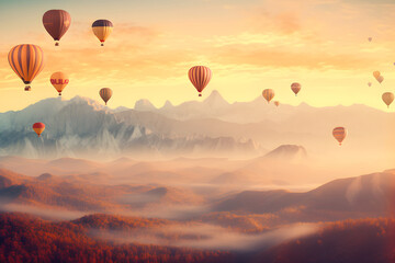 Scenic mountains, colorful sunset, floating hot air balloons. (Generative AI)