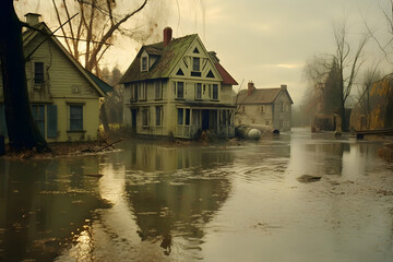 Fototapeta premium Flooded town streets after rainfall. (Generative AI)