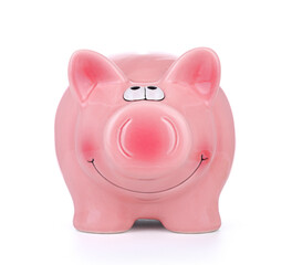 Front view of pink piggy bank isolated on white background
