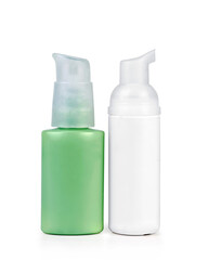 White and green cosmetics containers, bottle on white background.