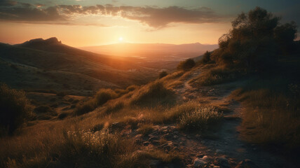 Sunset over mountain. Generative AI