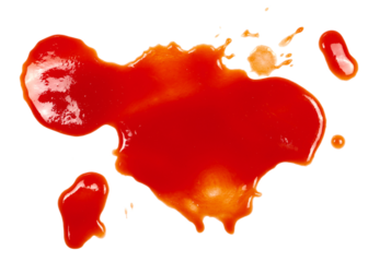 Red ketchup splashes isolated on white background, tomato pure texture, top view