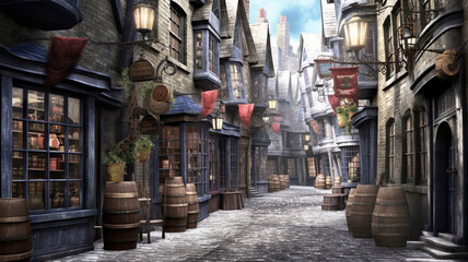 Diagon Alley is a cobblestoned wizarding alley and shopping area located in London, England behind a pub called the Leaky Cauldron Photorealistic