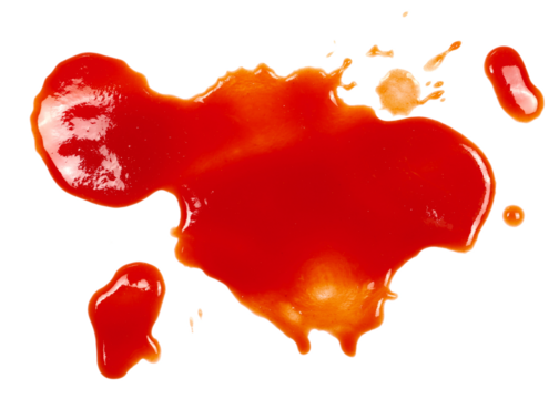 Red ketchup splashes isolated on white background, tomato pure texture, top view