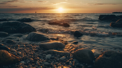Fototapeta na wymiar Sunset over sea on rocky beach Generative AI