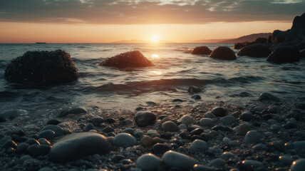 Obraz premium Sunset over sea on rocky beach Generative AI