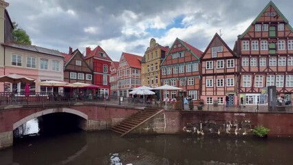 Rain on embankment historical center of Hanseatic city Stade, Lower Saxony, Germany, Europe July 12, 2023. High quality 4k footage