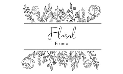Elegant hand drawn floral frame with delicate meadow flowers, herbs, branches, plants. Vector illustration in line art style	
