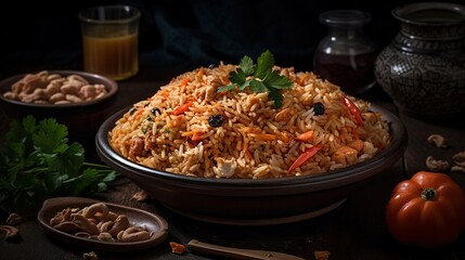 Big portion of a delicious Uzbekistan pilaf with greens in a big black bowl. Generated ai.