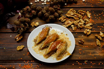 traditional dessert,  baklava, walnut baklava, dessert with syrup