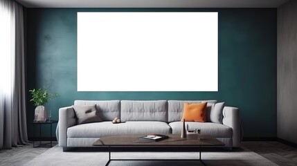 Modern cozy living room interior with large white blank copy space mockup. Generated ai.